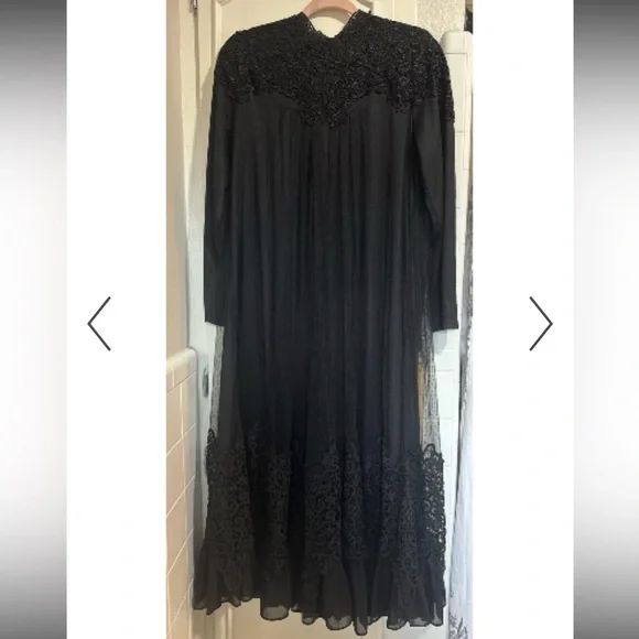 Dainty Jewell Black Sheer Lace Long Sleeve Maxi Dress Sz L Crochet High Neck - Picture 2 of 11